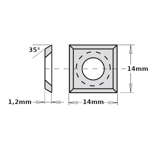 Předřezová žiletka tvrdokovová - 4 břitá 14×14×2 mm R150 Dřevo+